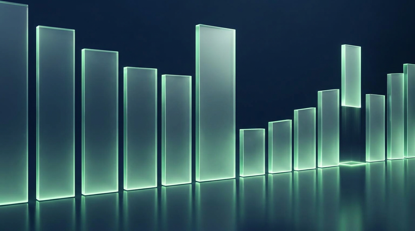 Glowing translucent bars of different heights being reordered, representing technology budget categories